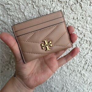 Tory Burch Quilted Card Holder in tan with Gold Logo